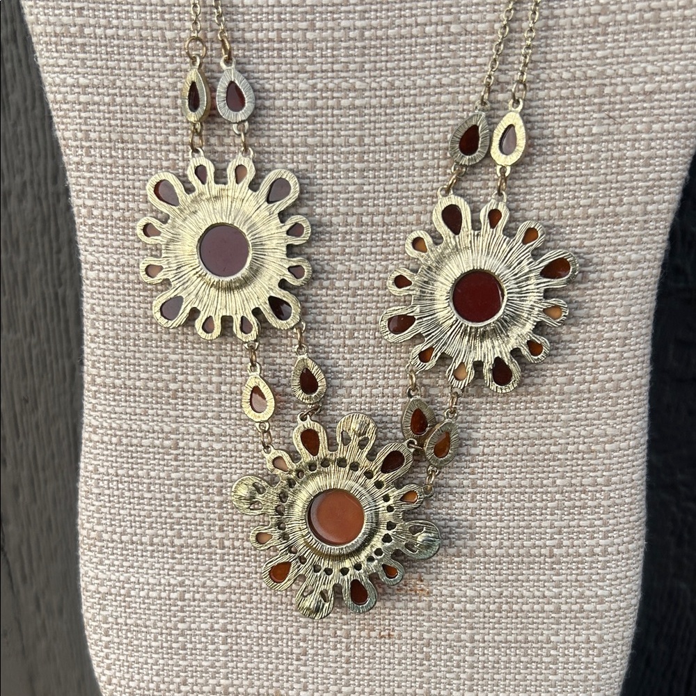 Vintage Gold-Tone Necklace with Deep Red & Burnt Orange Floral Drops - Picture 9 of 11